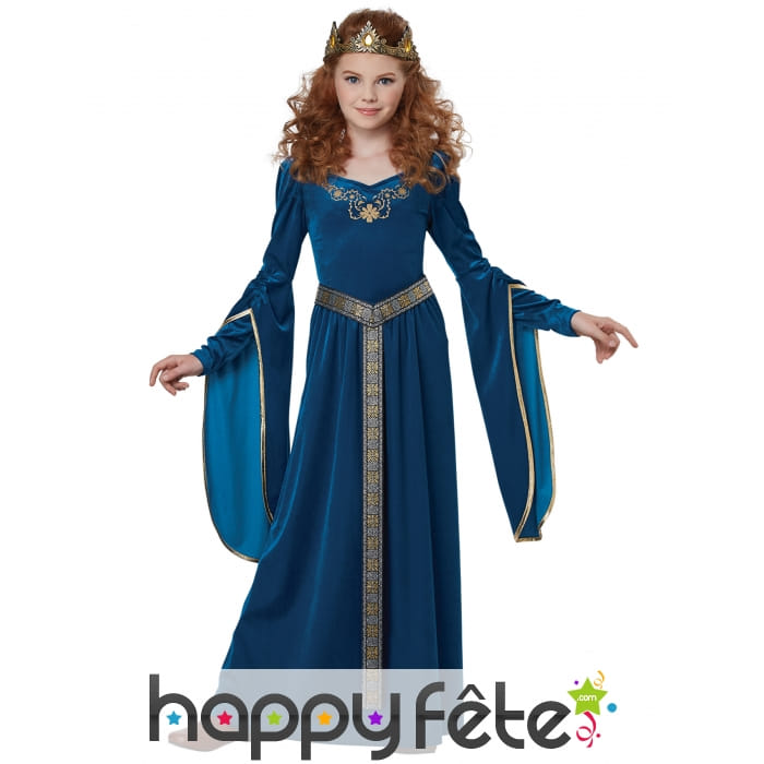 Robe médiévale bleue effet velours pour enfant