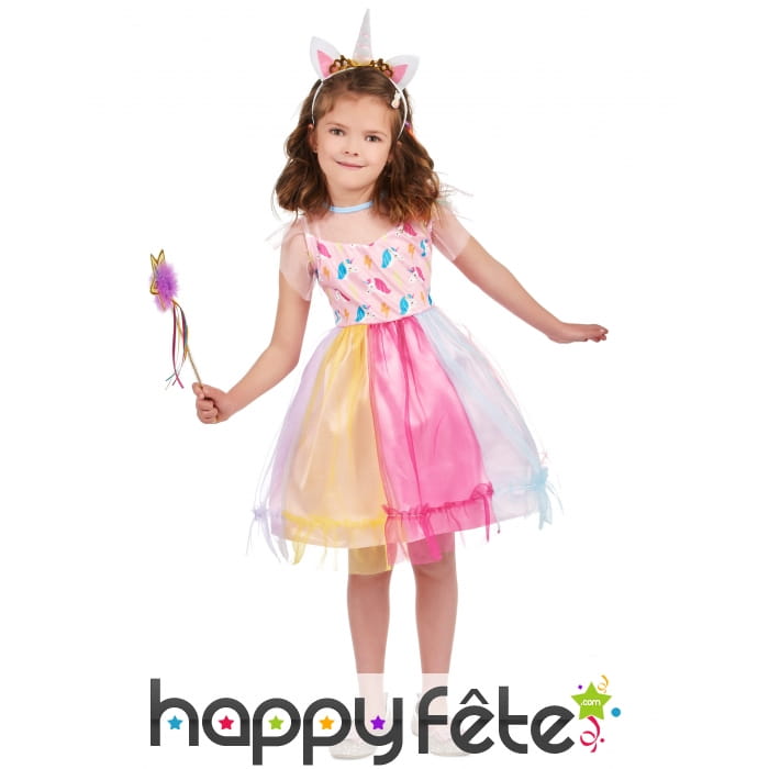 Robe multicolore de petite Licorne avec serre-tête