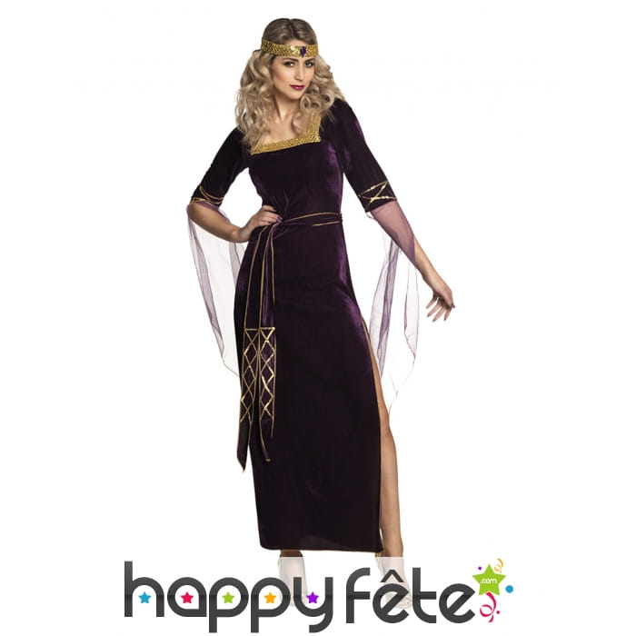 Robe médiévale en velours violet et doré, femme
