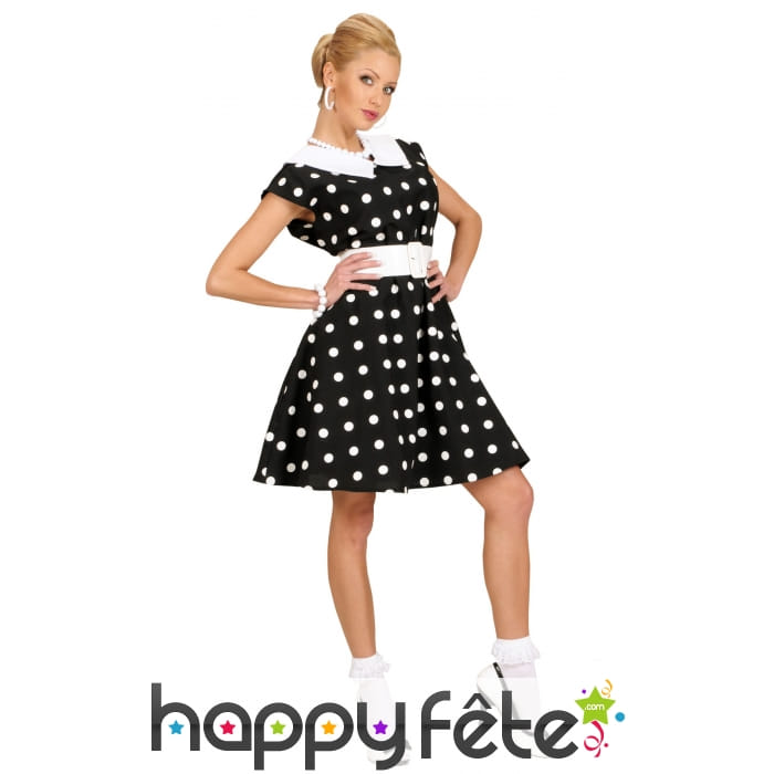 Robe noire à pois pour femme, années 50