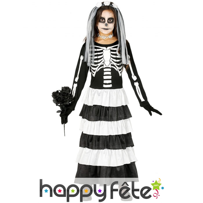 Robe noire blanche de mariée squelette pour enfant