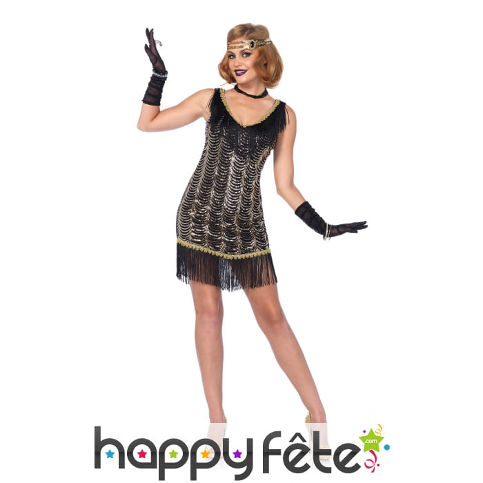 Robe noire charleston sequins dorés et franges