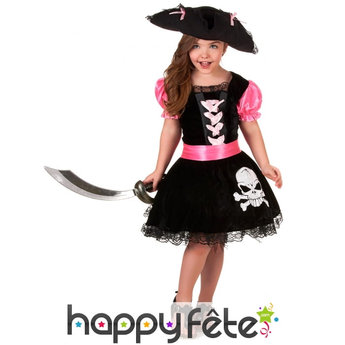 Robe noire rose de petite piratesse tête de mort