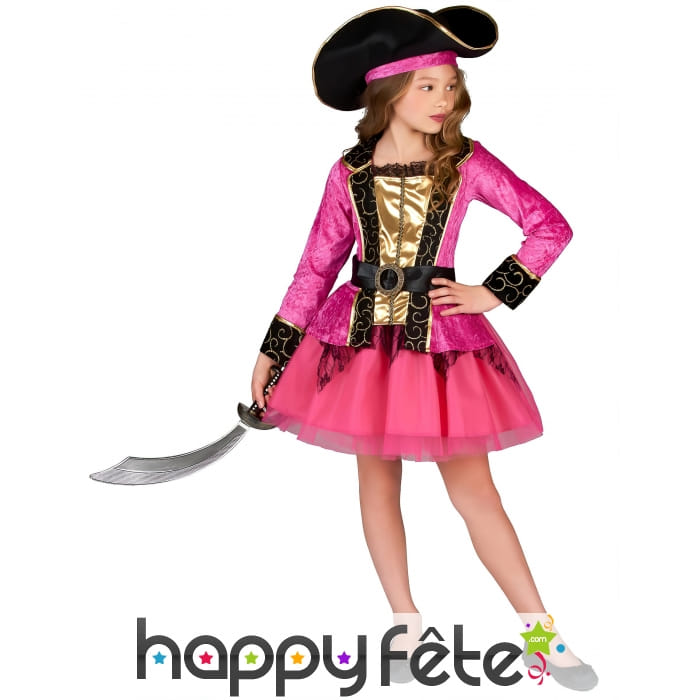 Robe Pirate Velours Rose Fillette avec Chapeau
