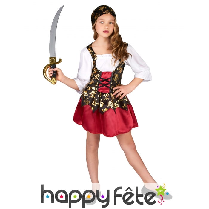 Robe rouge de petite pirate têtes de morts dorées