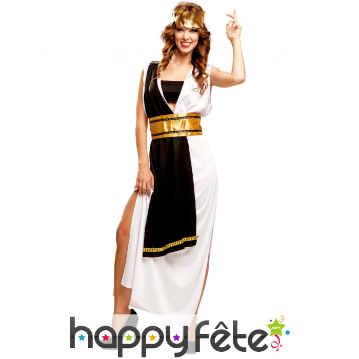 Robe romaine noire et blanche avec ceinture dorée