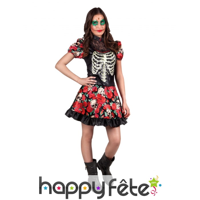 Robe squelette iimprimé de roses pour ado