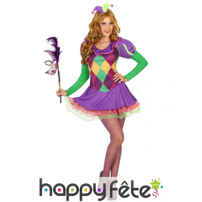 Robe violette arlequin et mini chapeau