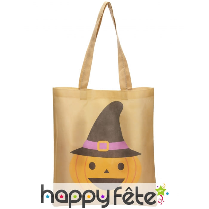 Sac à bonbons beige imprimé citrouille 43cm