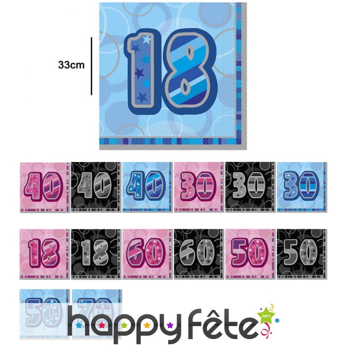 Serviettes âge bleues, noires ou roses