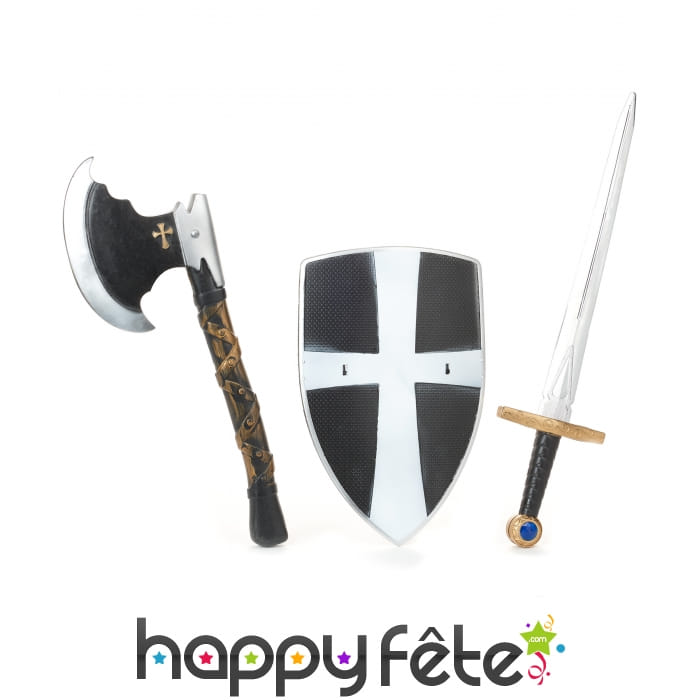 Set bouclier, épée et hache médiévale en plastique