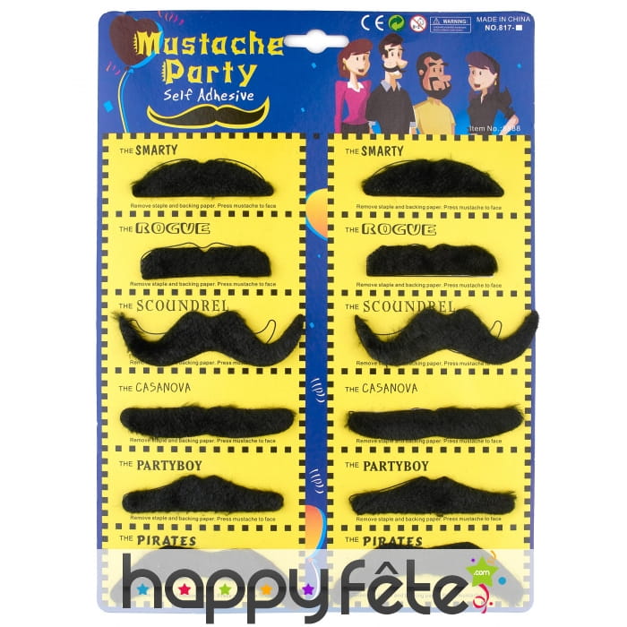 Set de 12 Moustaches noires adhésives