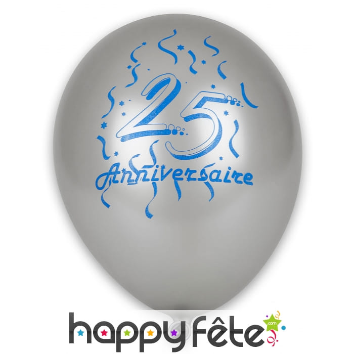 Sachet de 8 ballons 25ème anniversaire argenté