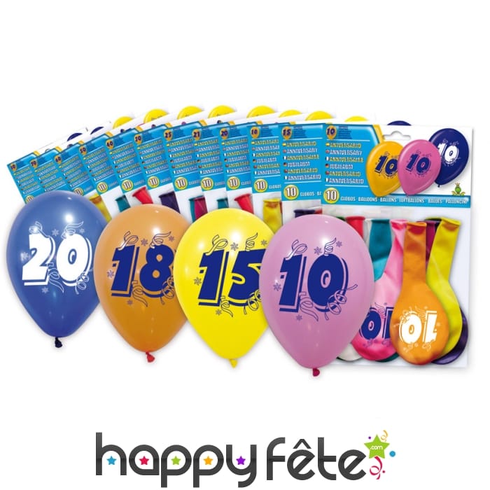 Sachet de 8 ballons nombre ou chiffre multicolores
