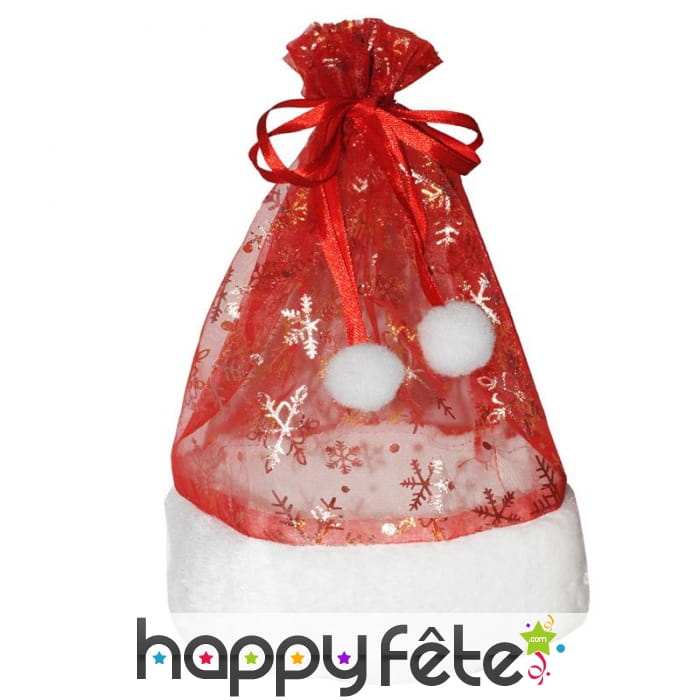 Sachet de Noël orgonza rouge et peluche blanche