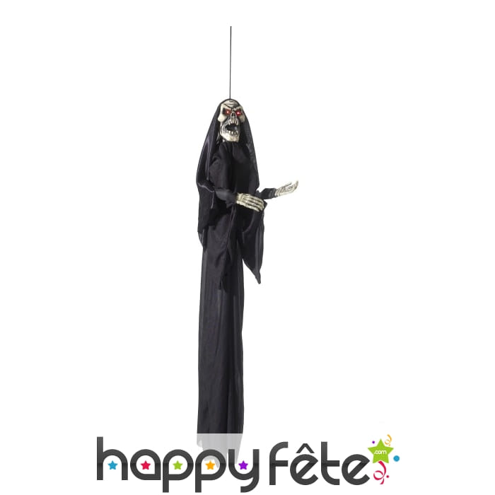 Squelette en robe noire à suspendre, yeux lumineux