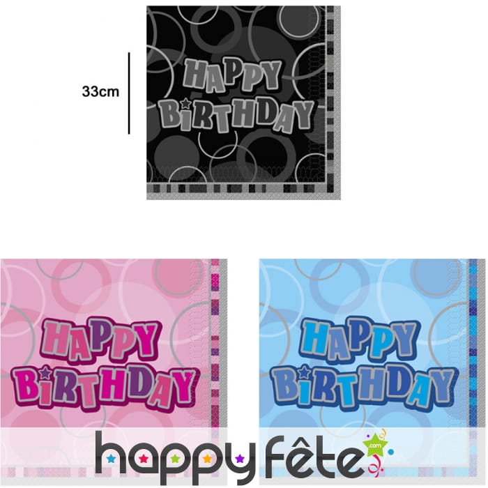 Serviettes Happy Birthday bleues, noires ou roses