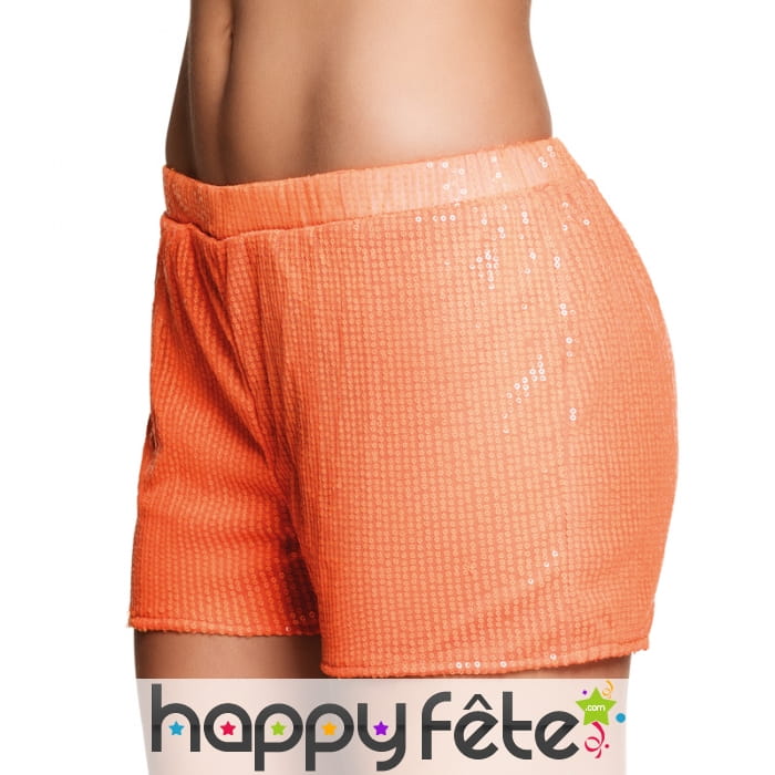 Short orange recouvert de sequins, pour femme