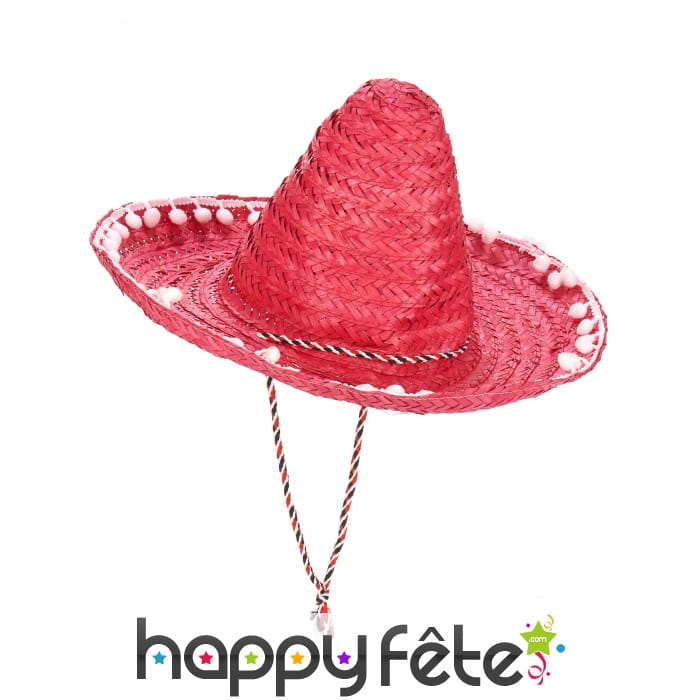 Sombrero rose contours en pompons blancs