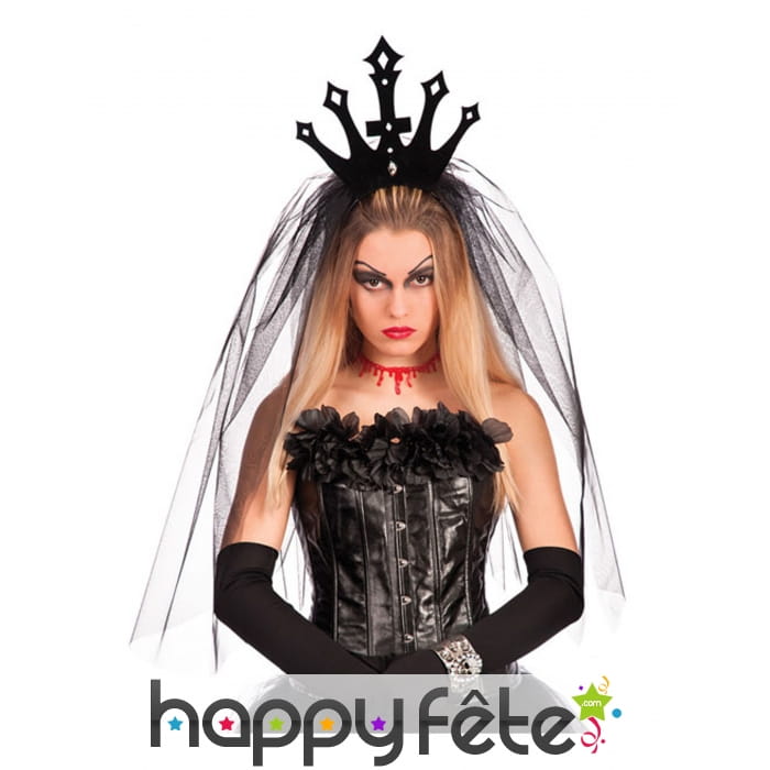 Serre tête couronne noire avec long voile de tulle