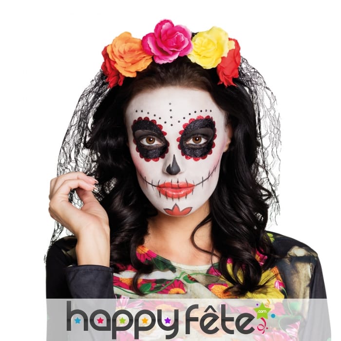 Serre tête dias de los muertos fleurs et voile