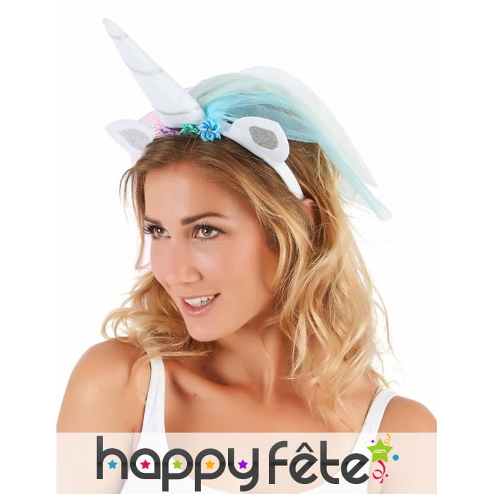 Serre tête licorne avec voilette multicolore femme