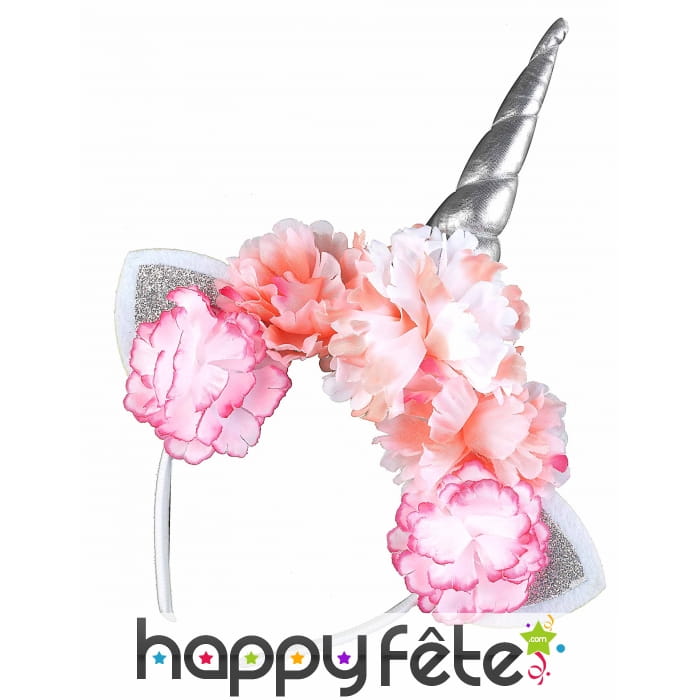 Serre tête licorne et pivoines roses pour femme