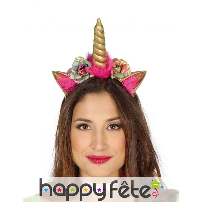 Serre-tête licorne rose et corne torsadée effet or