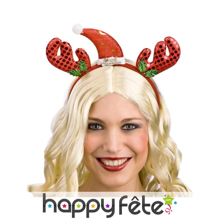 Serre-tête rouge bois de renne et bonnet pailleté