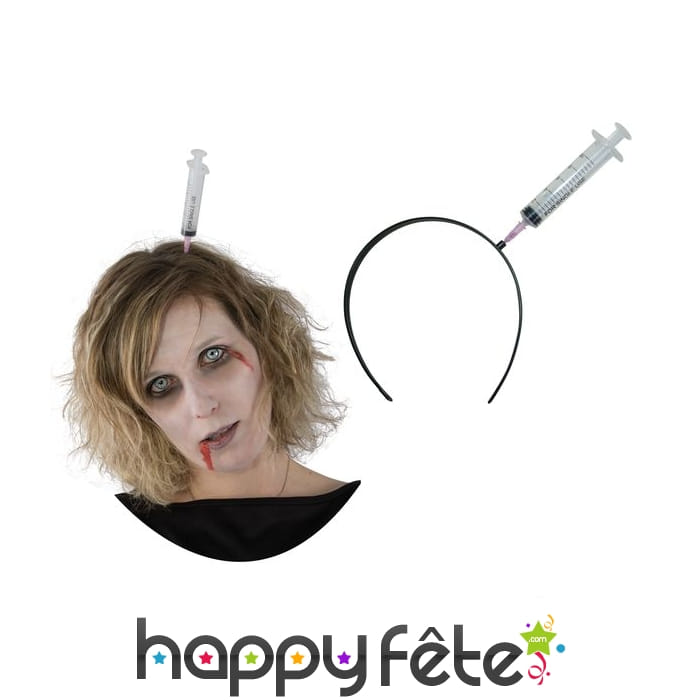 Serre-tête seringue plantée dans le crâne