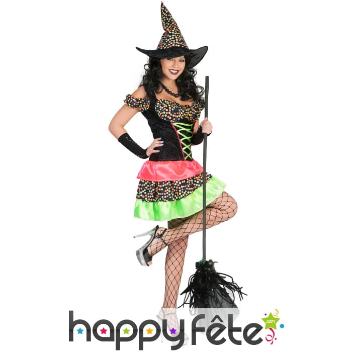Tenue à pois multicolore de sorcière pour femme