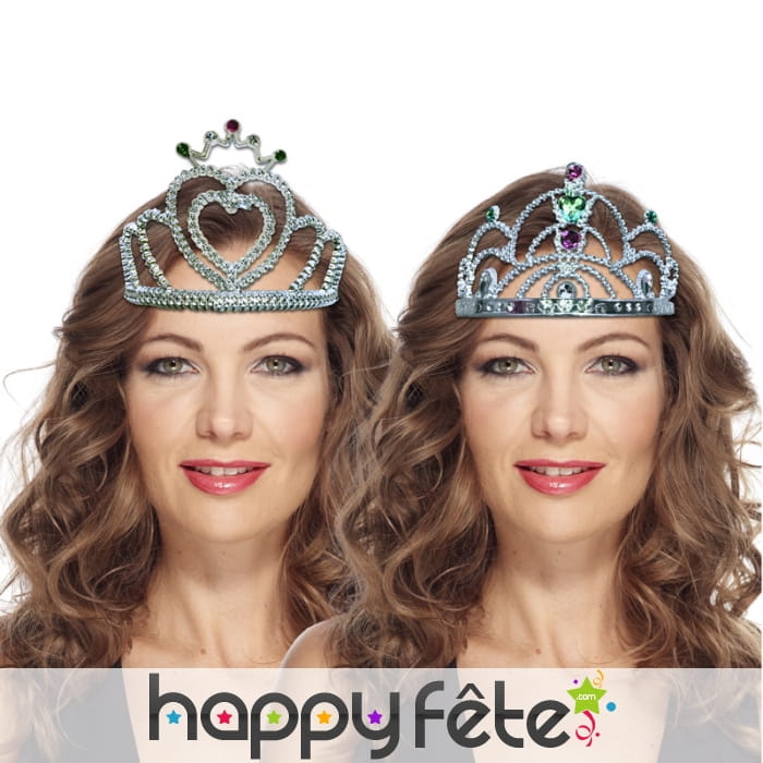 Tiare argenté, pierres colorées, assortiment