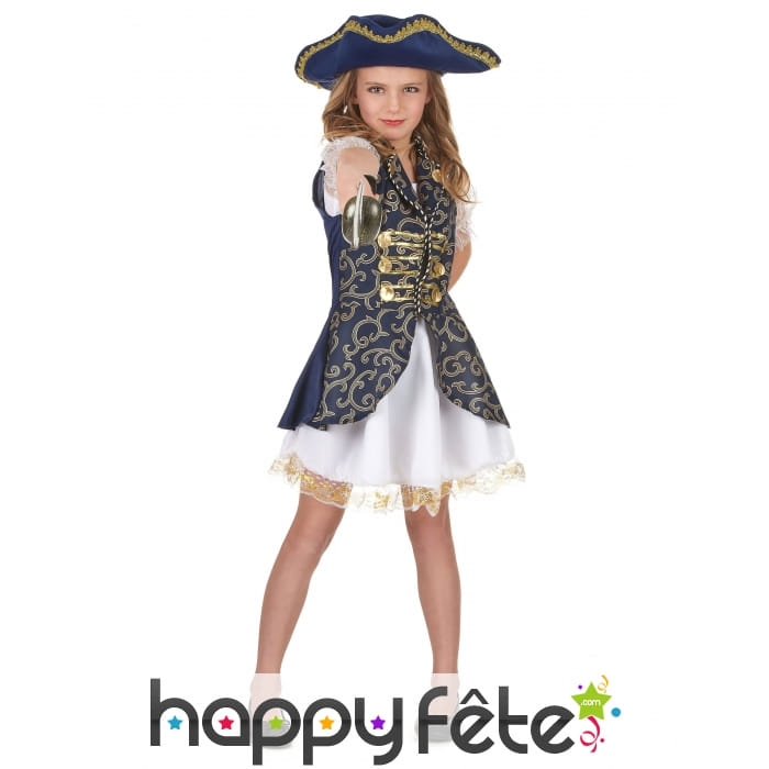 Tenue bleue de petite pirate, broderies dorées