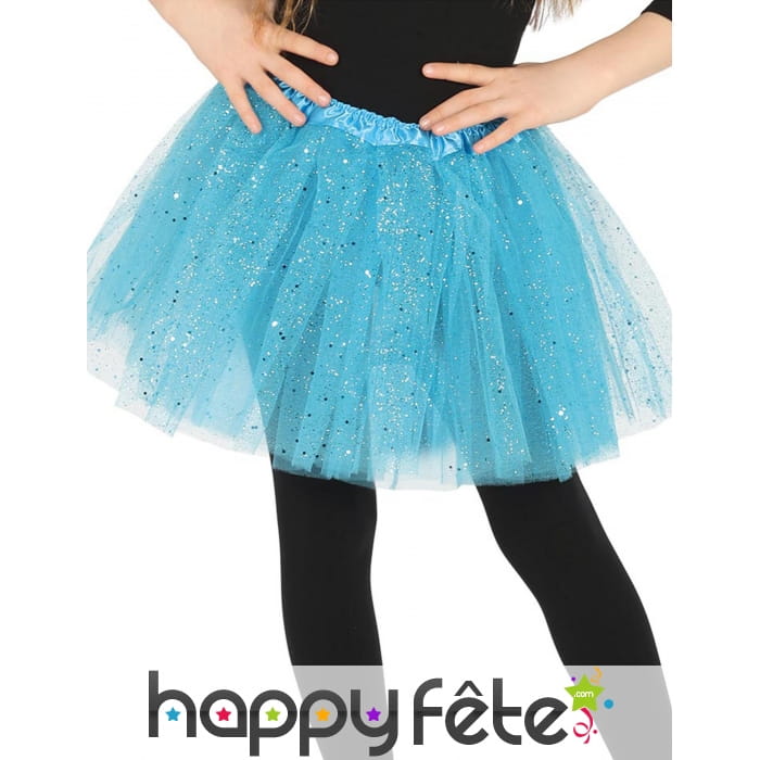 Tutu bleu petite fille en tulle pailleté argenté