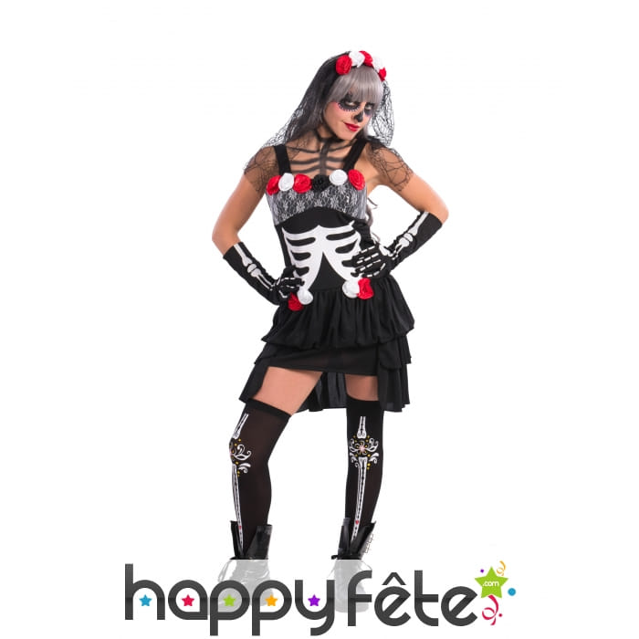 Tenue courte noire rouge Dia de los muertos femme