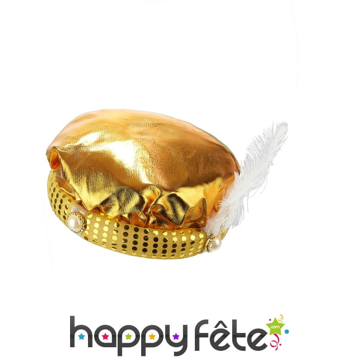 Turban doré de sultan avec plume blanche