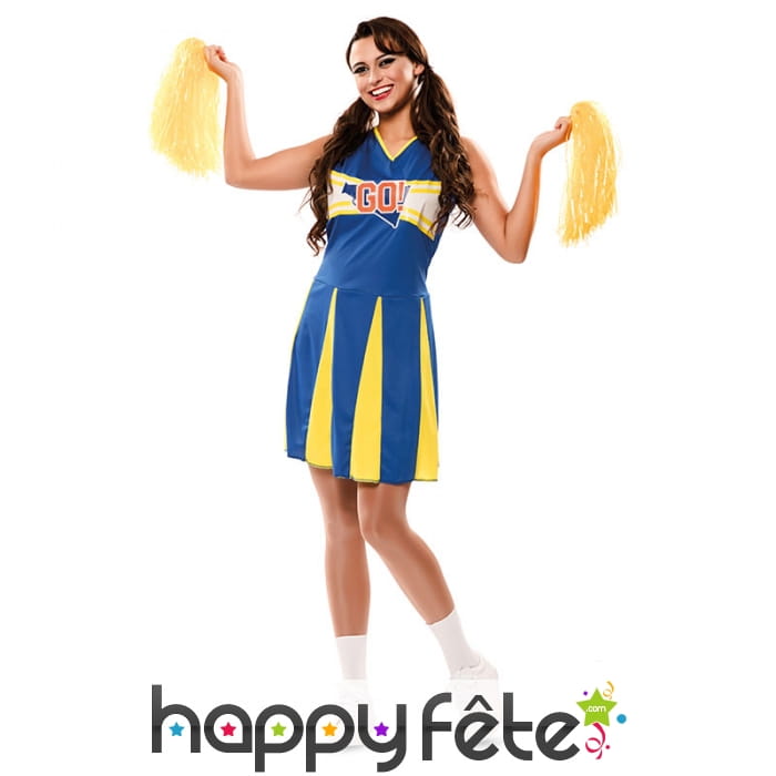 Tenue de pom pom girl jaune et bleue pour femme