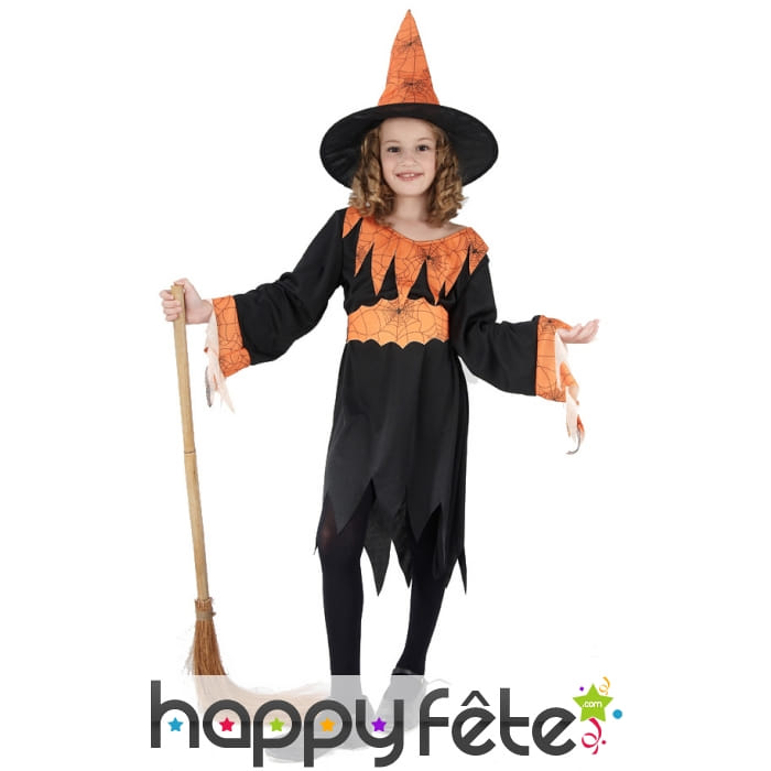 Tenue de sorcière araignée orange et noire, enfant