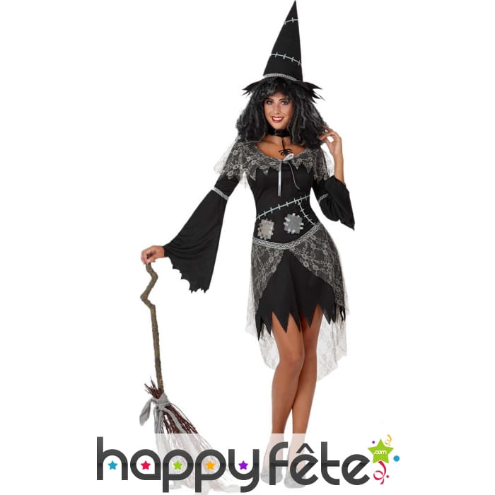 Tenue de sorcière noire et grise effet rapiécé
