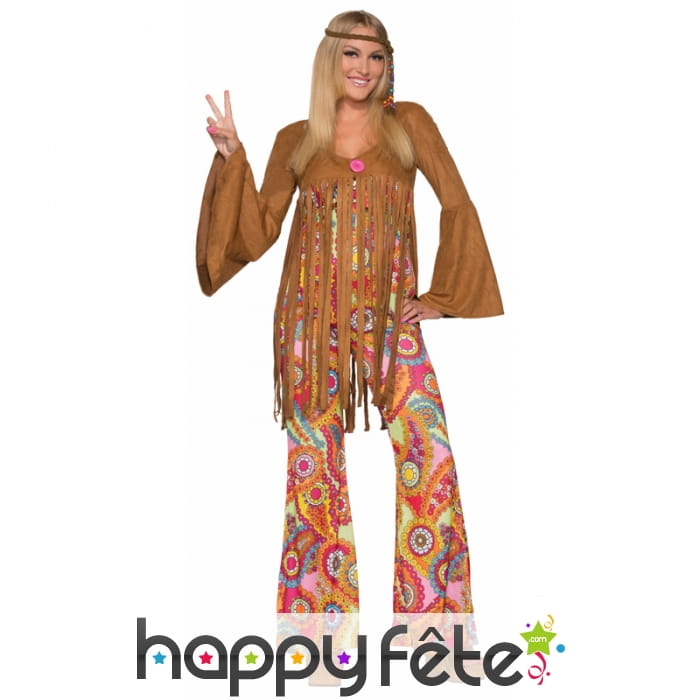Tenue femme hippie marron, veste à franges