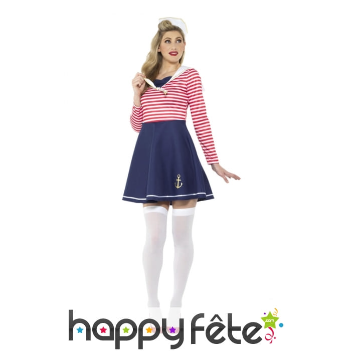 Tenue femme matelot robe bleue haut ligné rouge