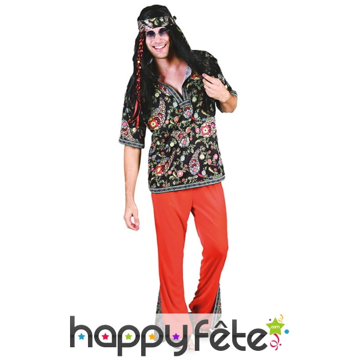 Tenue hippie rouge avec haut fleuri pour homme