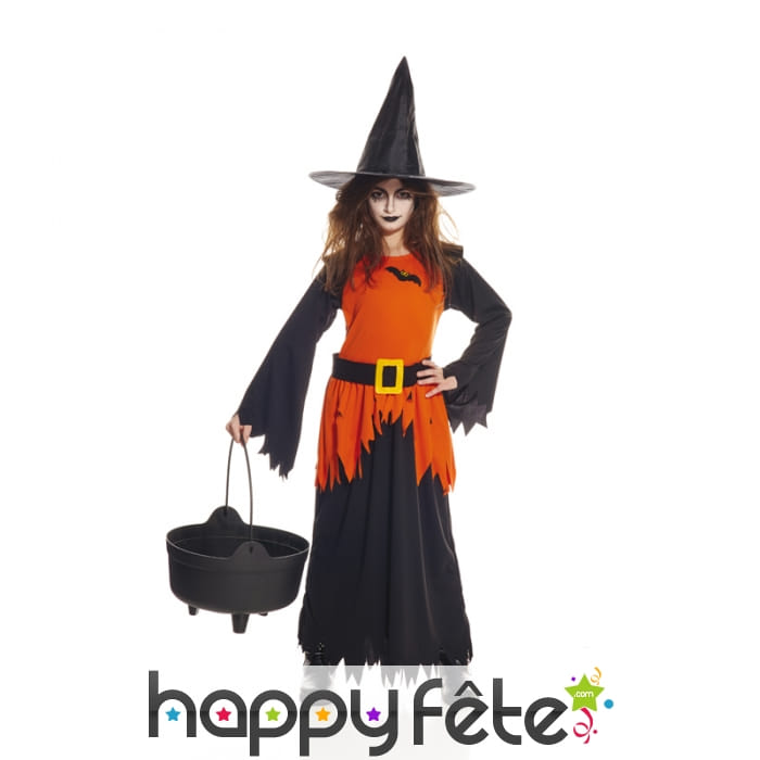 Tenue longue de sorcière noire et orange, enfant