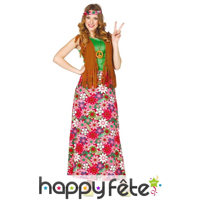 Tenue longue robe hippie fleurie rose pour femme