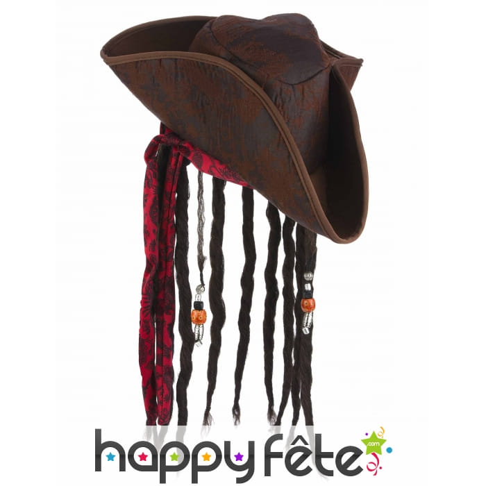 Tricorne marron de pirate avec cheveux