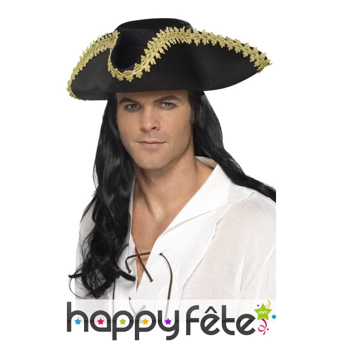 Tricorne noir brodé doré de pirate