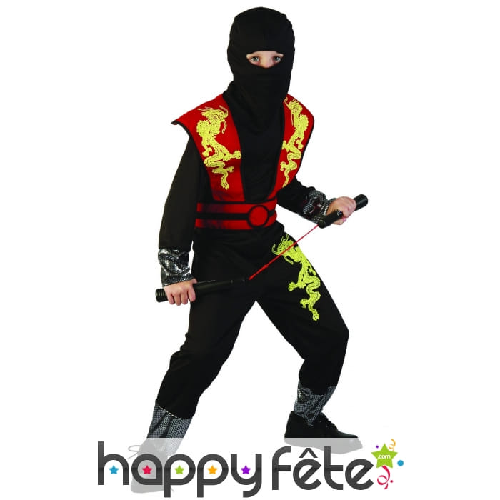 Tenue noire de ninja pour enfant imprimé dragon