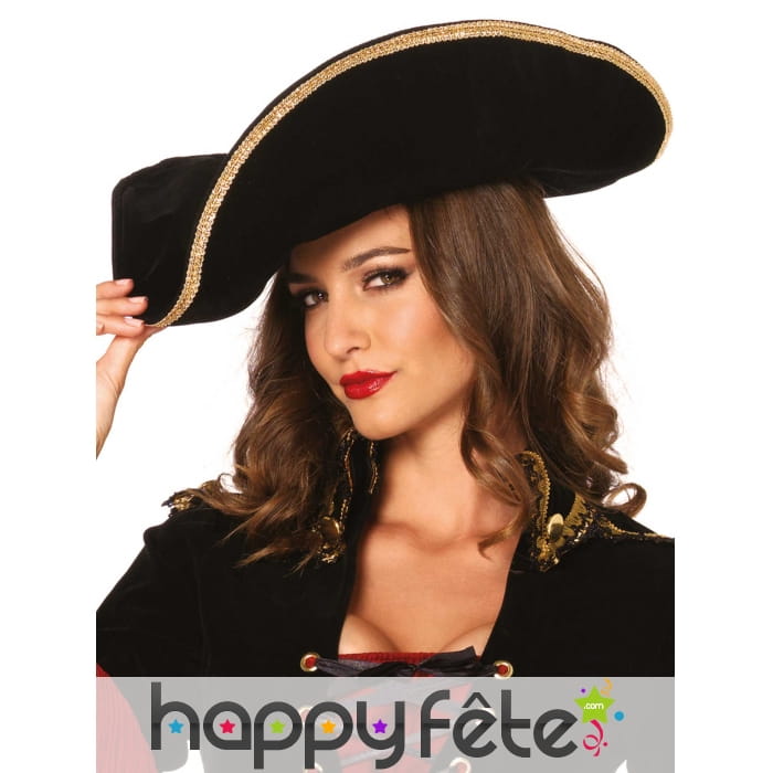 Tricorne noir de pirate avec bord doré