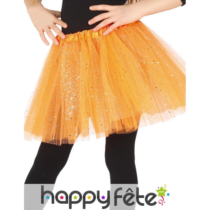 Tutu orange fille en tulle pailleté argenté
