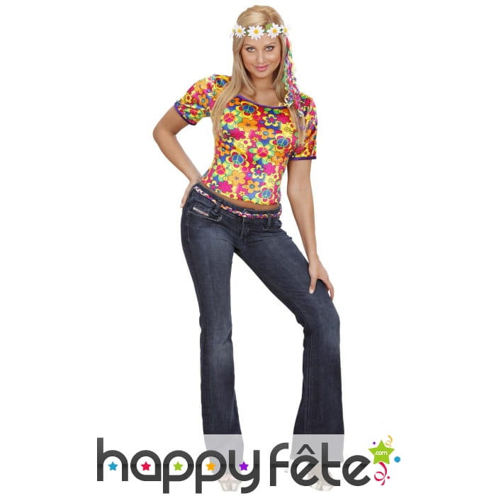 Tee-shirt coloré motifs hippies, imitation velour